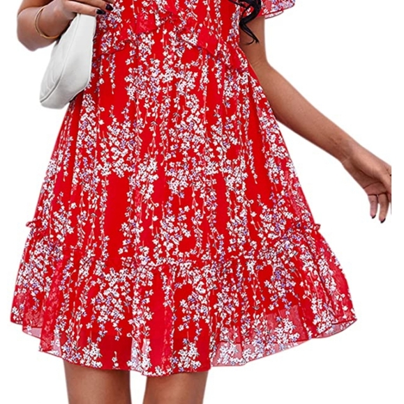 Women’s Summer Dress Ruffle V Neck Tunic Dress Floral Casual Loose flowy dress - Picture 3 of 11